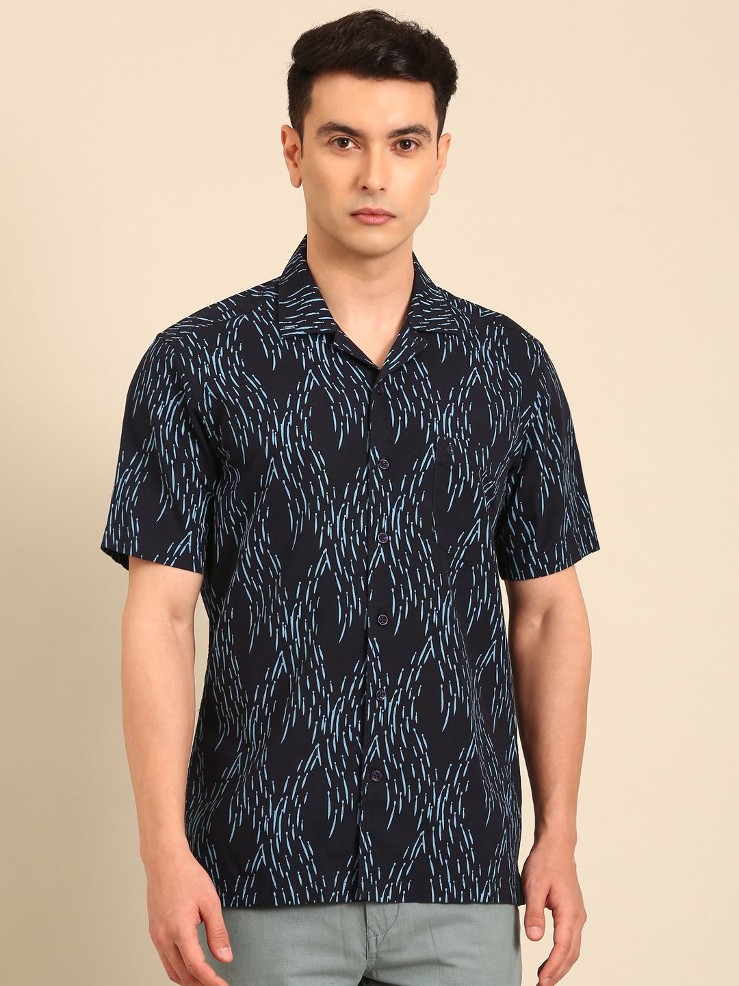 CAVALLO by Linen Club Men's Blended Linen Navy Printed Contemporary Fit Half Sleeve Casual Shirt