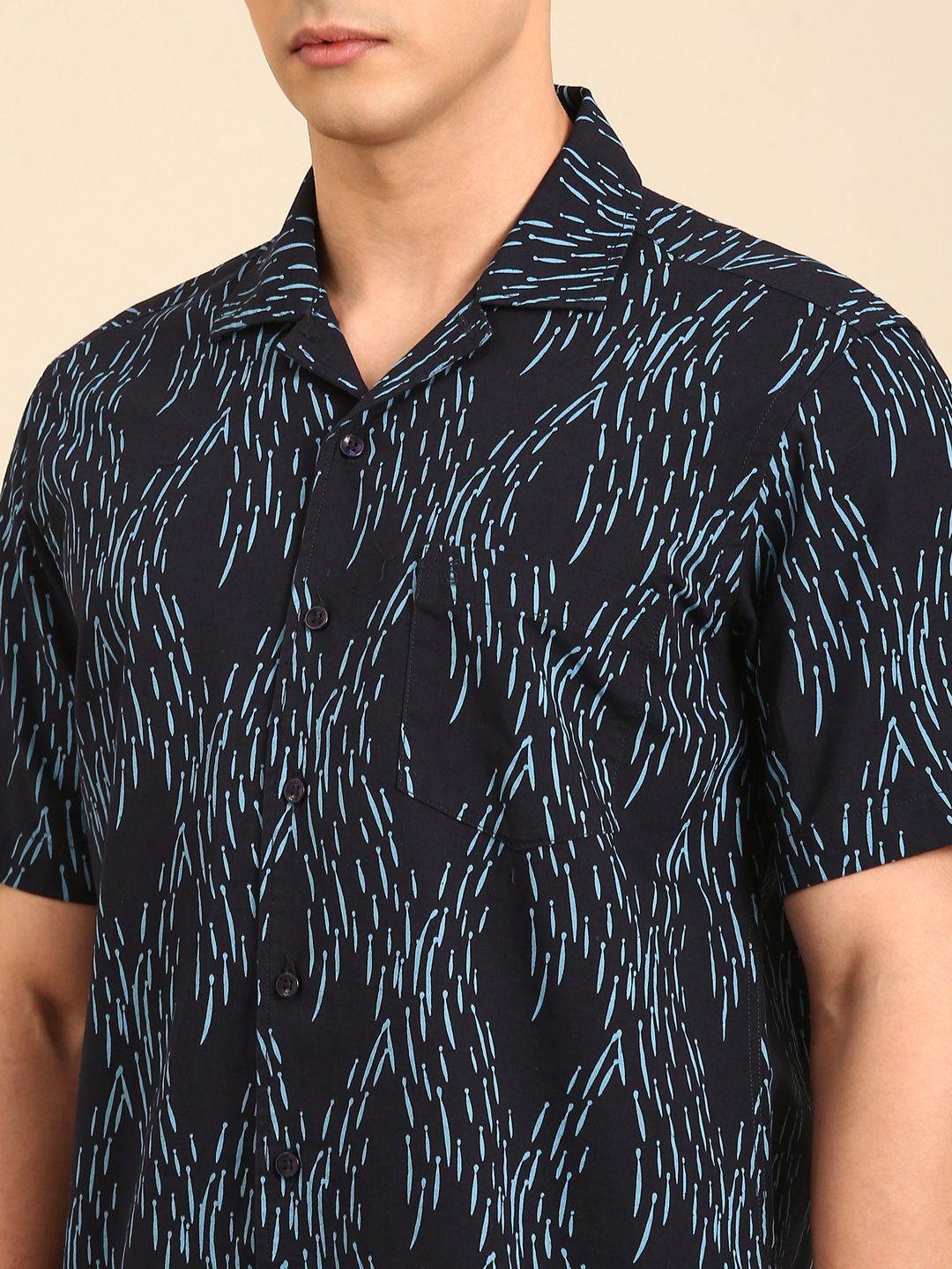 CAVALLO by Linen Club Men's Blended Linen Navy Printed Contemporary Fit Half Sleeve Casual Shirt