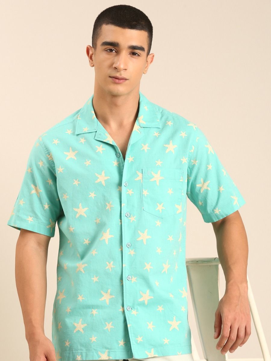 CAVALLO by Linen Club Men's Blended Linen Mint Green Printed Contemporary Fit Half Sleeve Casual Shirt
