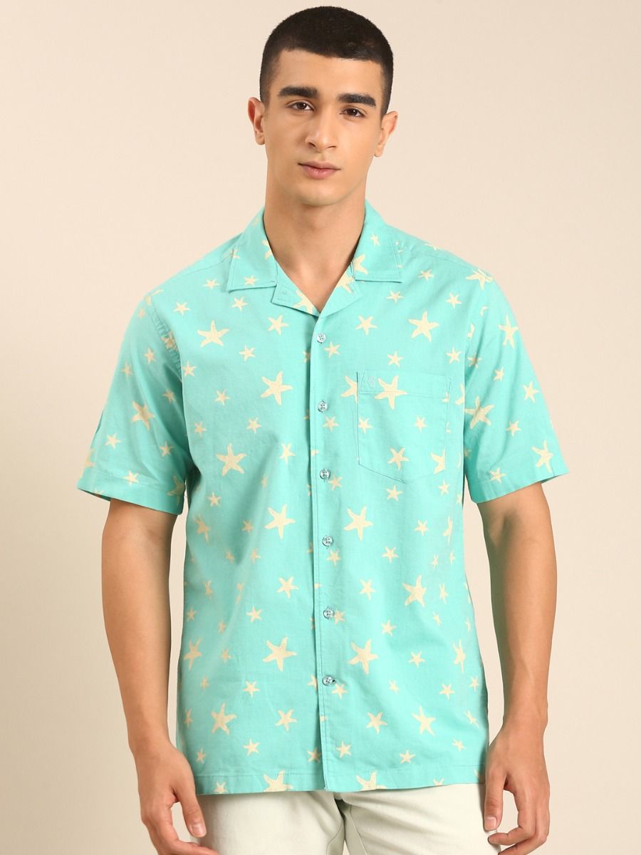 CAVALLO by Linen Club Men's Blended Linen Mint Green Printed Contemporary Fit Half Sleeve Casual Shirt