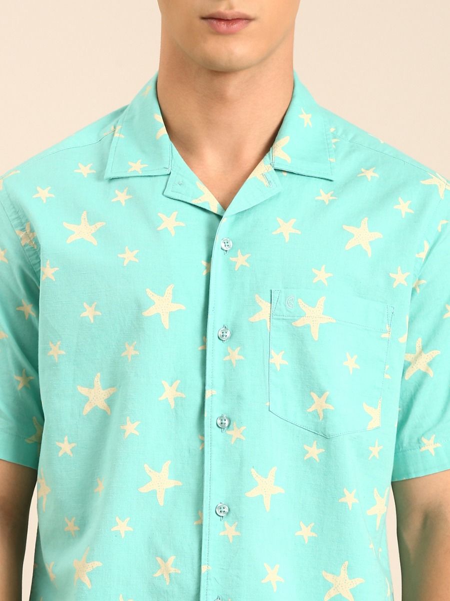 CAVALLO by Linen Club Men's Blended Linen Mint Green Printed Contemporary Fit Half Sleeve Casual Shirt