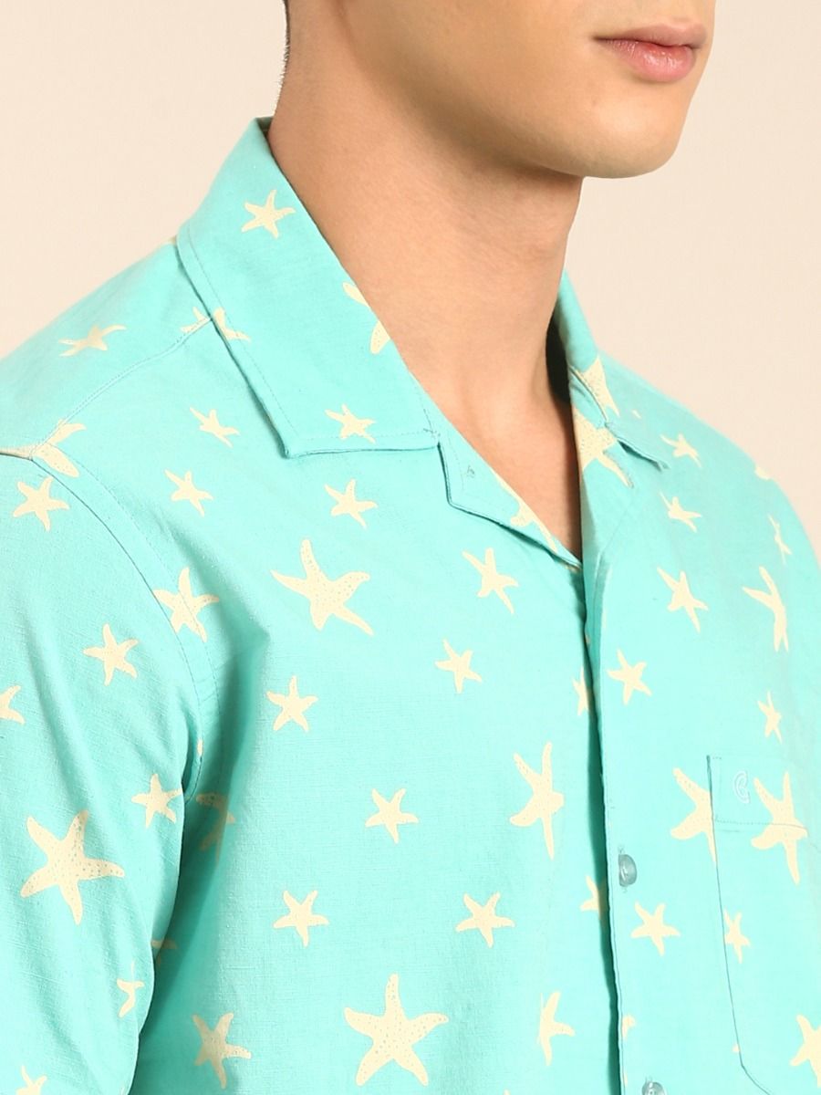 CAVALLO by Linen Club Men's Blended Linen Mint Green Printed Contemporary Fit Half Sleeve Casual Shirt