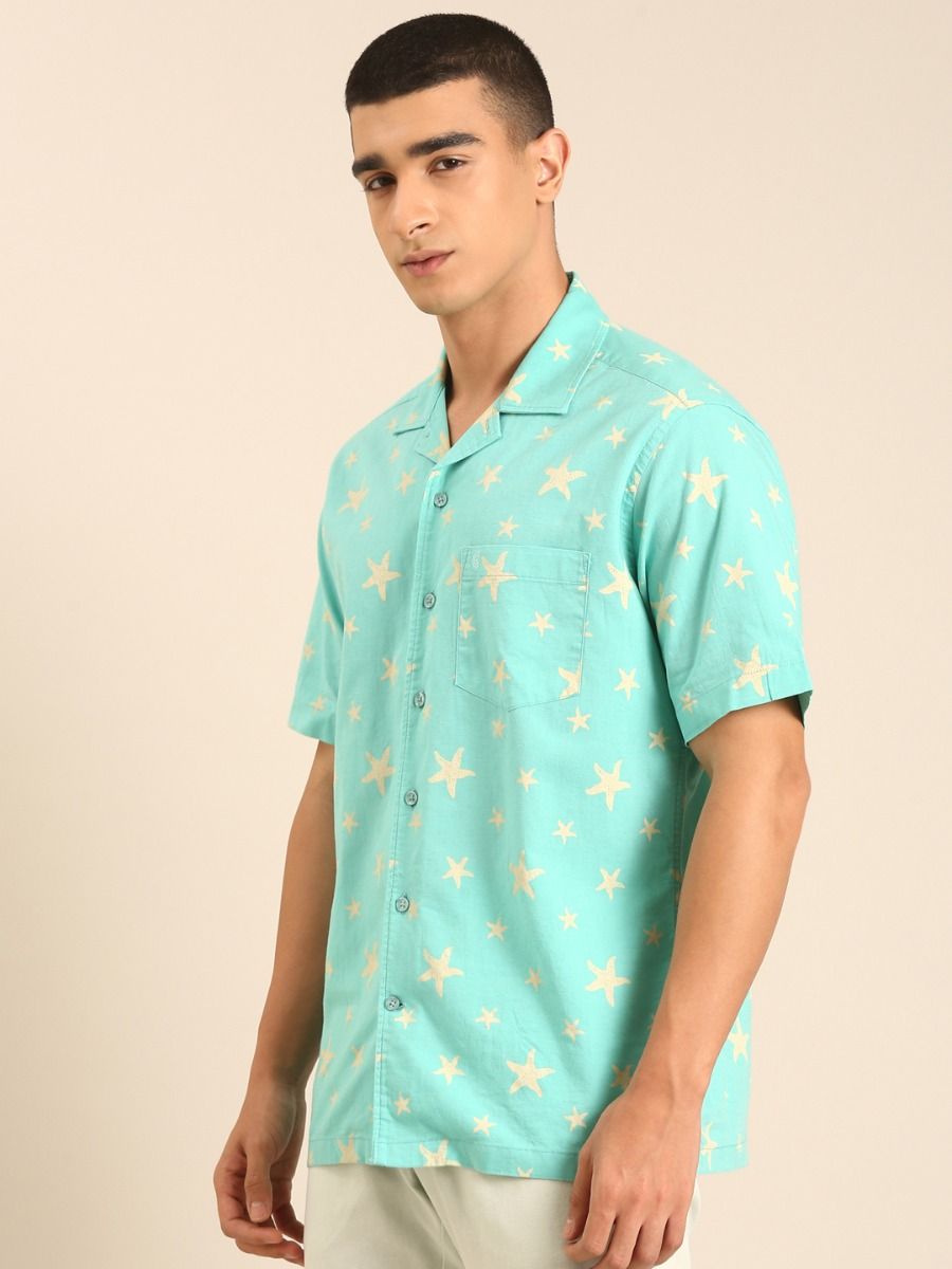 CAVALLO by Linen Club Men's Blended Linen Mint Green Printed Contemporary Fit Half Sleeve Casual Shirt