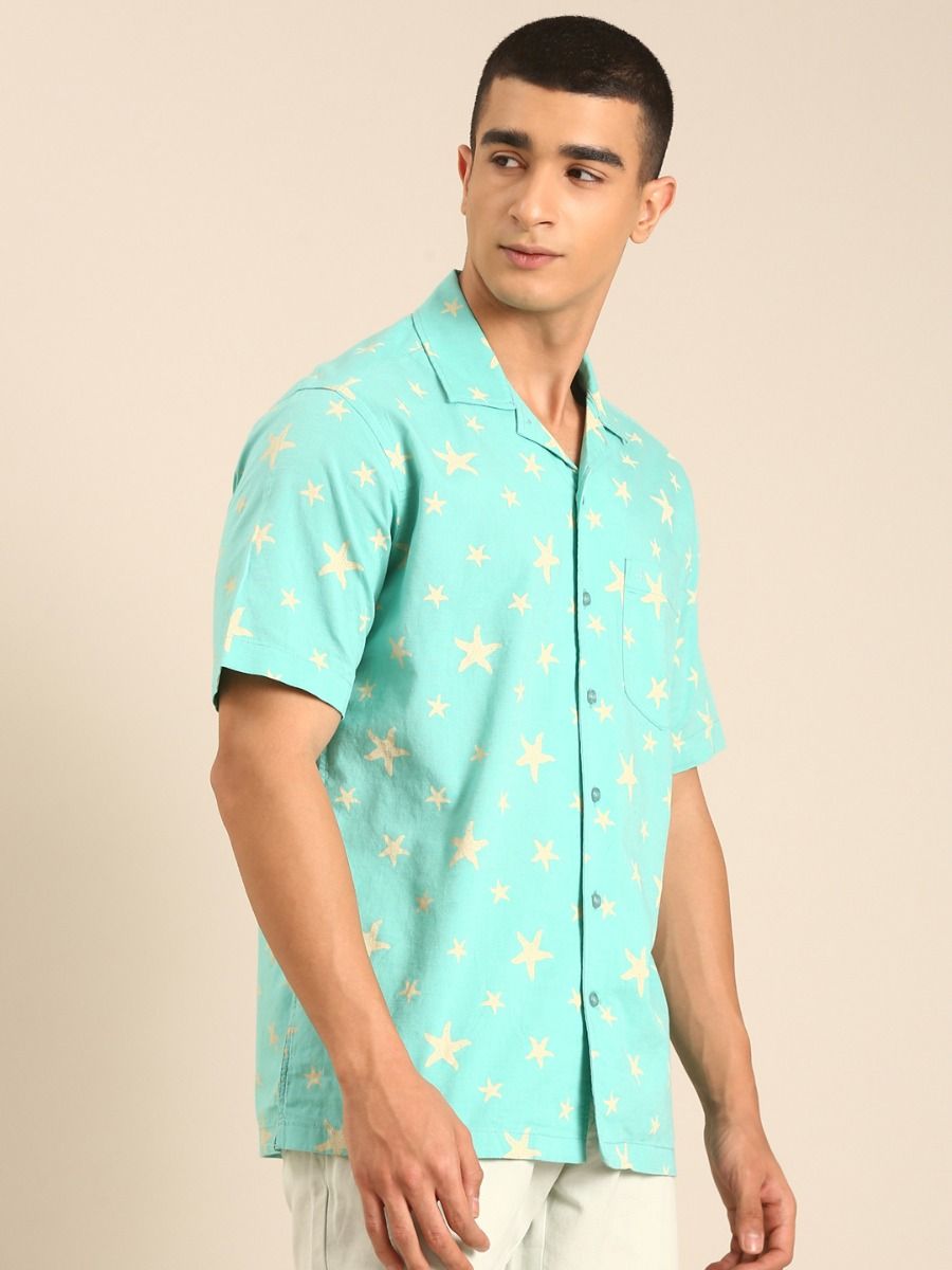 CAVALLO by Linen Club Men's Blended Linen Mint Green Printed Contemporary Fit Half Sleeve Casual Shirt