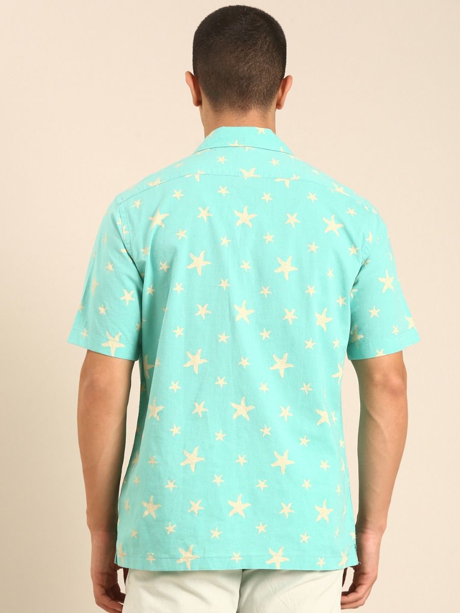 CAVALLO by Linen Club Men's Blended Linen Mint Green Printed Contemporary Fit Half Sleeve Casual Shirt