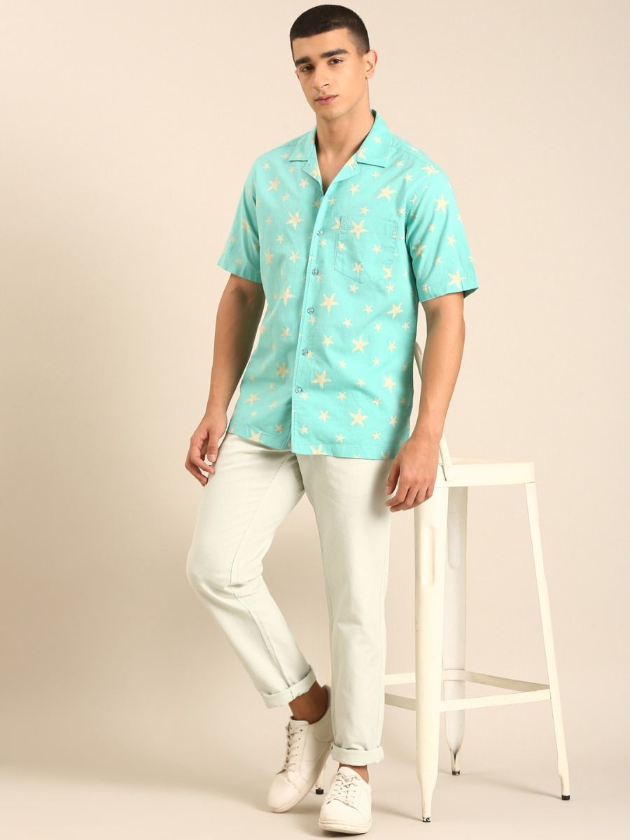 CAVALLO by Linen Club Men's Blended Linen Mint Green Printed Contemporary Fit Half Sleeve Casual Shirt