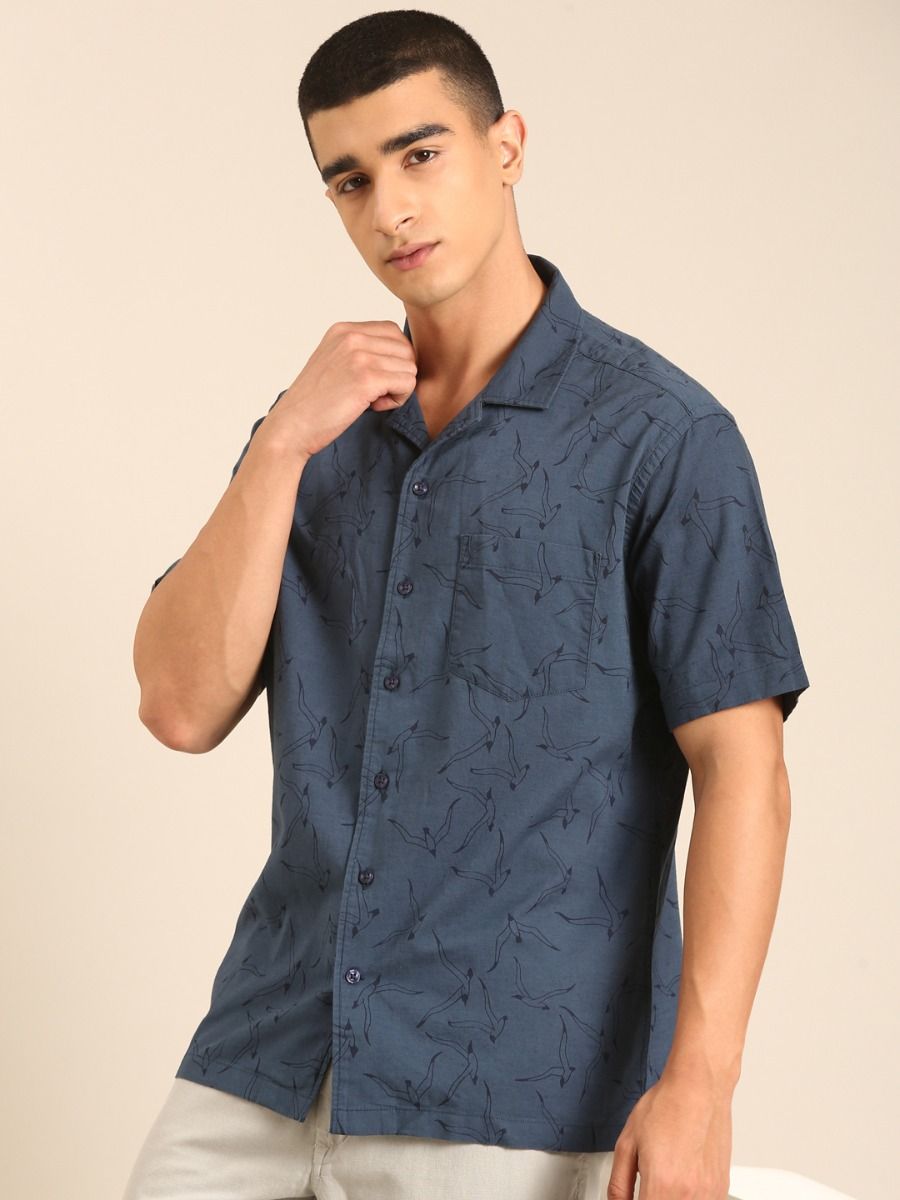 CAVALLO by Linen Club Men's Blended Linen Dark Blue Printed Contemporary Fit Half Sleeve Casual Shirt