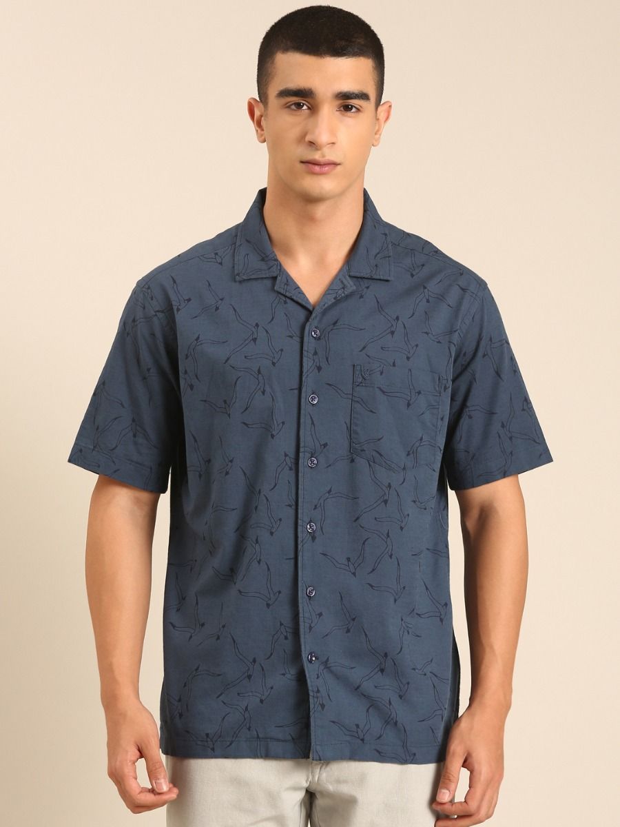 CAVALLO by Linen Club Men's Blended Linen Dark Blue Printed Contemporary Fit Half Sleeve Casual Shirt