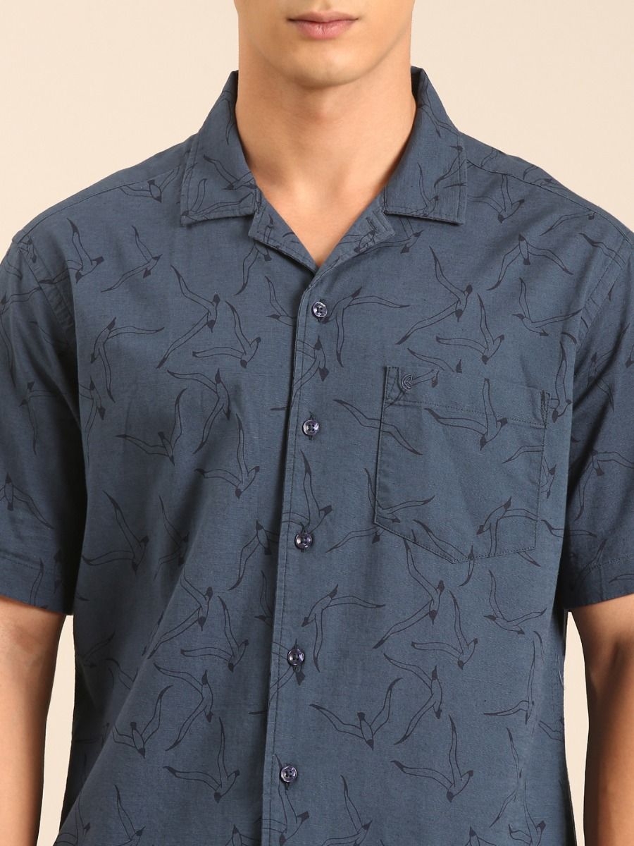 CAVALLO by Linen Club Men's Blended Linen Dark Blue Printed Contemporary Fit Half Sleeve Casual Shirt
