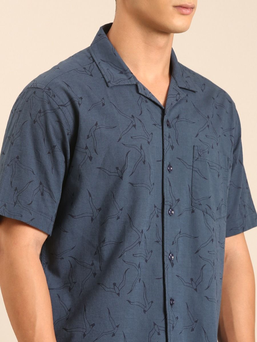 CAVALLO by Linen Club Men's Blended Linen Dark Blue Printed Contemporary Fit Half Sleeve Casual Shirt