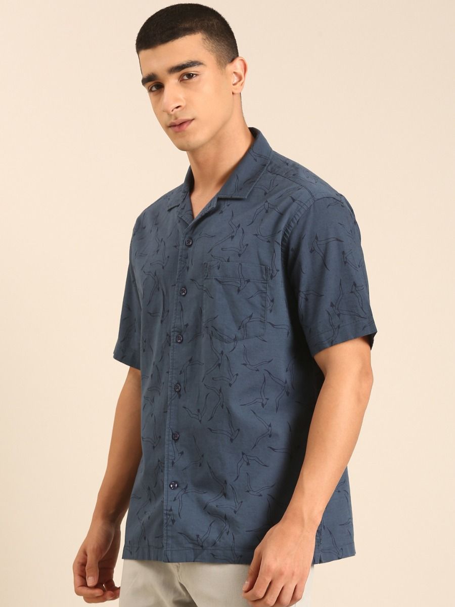 CAVALLO by Linen Club Men's Blended Linen Dark Blue Printed Contemporary Fit Half Sleeve Casual Shirt