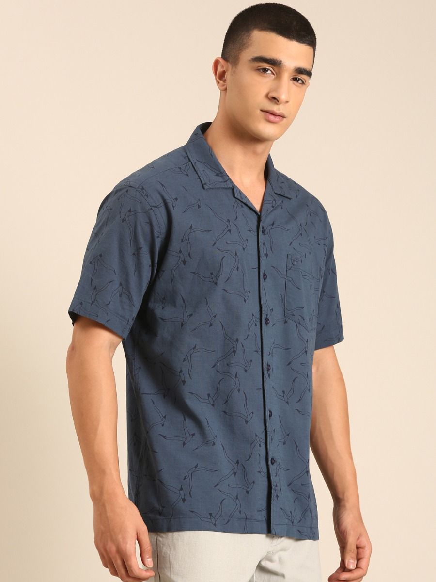 CAVALLO by Linen Club Men's Blended Linen Dark Blue Printed Contemporary Fit Half Sleeve Casual Shirt