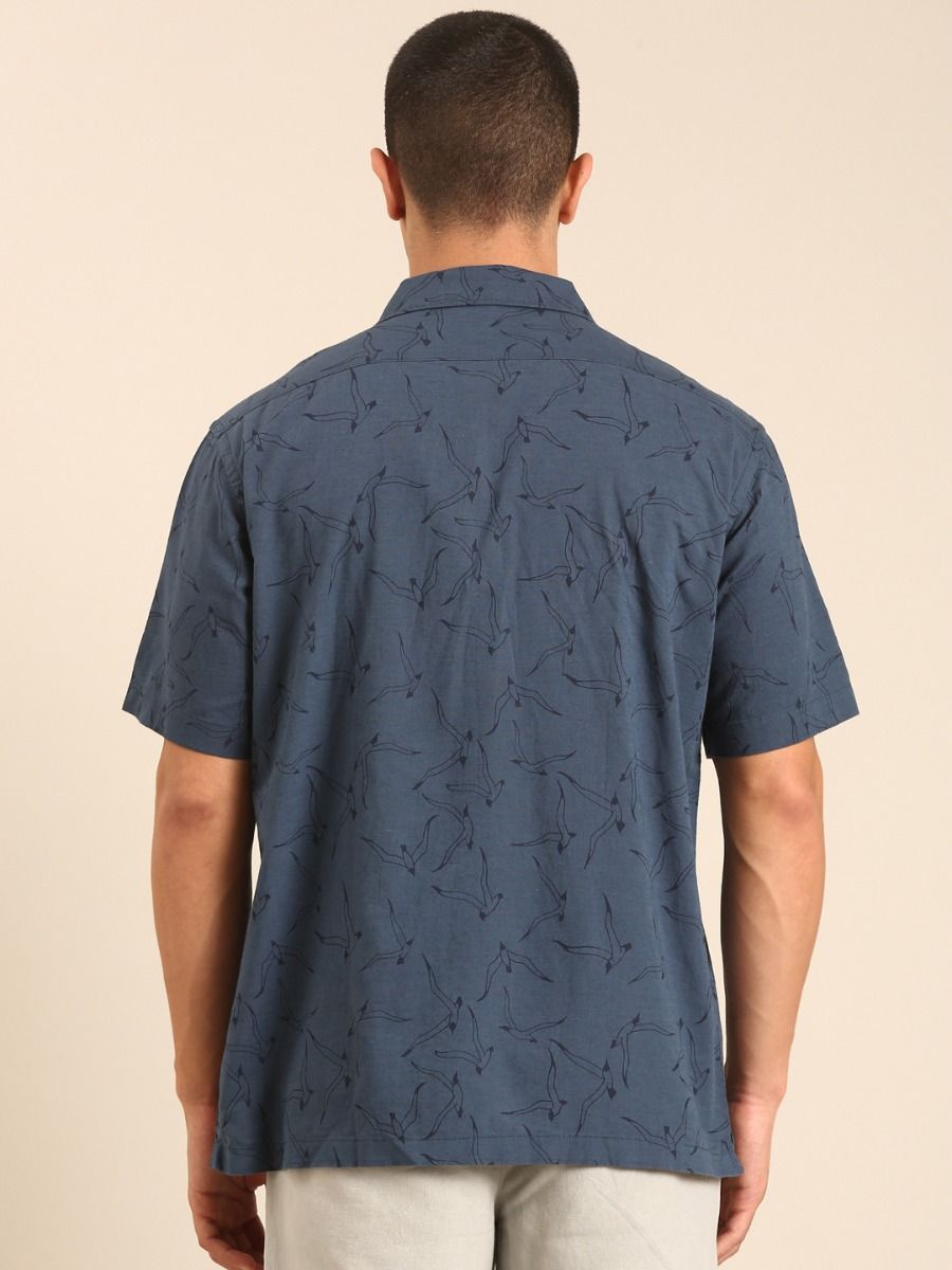 CAVALLO by Linen Club Men's Blended Linen Dark Blue Printed Contemporary Fit Half Sleeve Casual Shirt