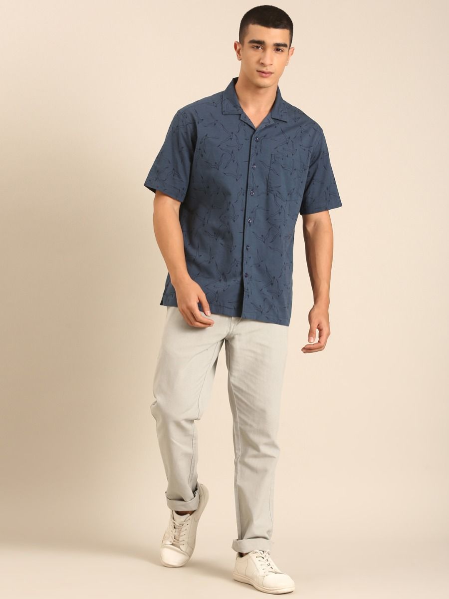CAVALLO by Linen Club Men's Blended Linen Dark Blue Printed Contemporary Fit Half Sleeve Casual Shirt