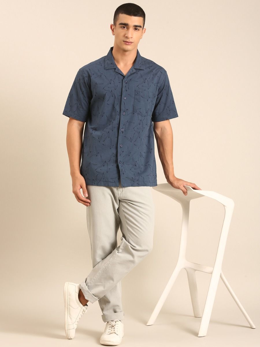 CAVALLO by Linen Club Men's Blended Linen Dark Blue Printed Contemporary Fit Half Sleeve Casual Shirt