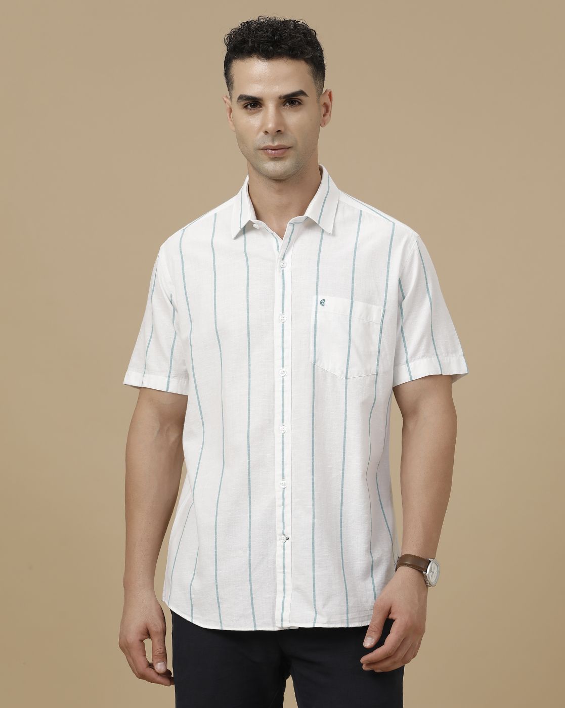 CAVALLO by Linen Club Men's Blended Linen White Striped Contemporary Fit Half Sleeve Casual Shirt