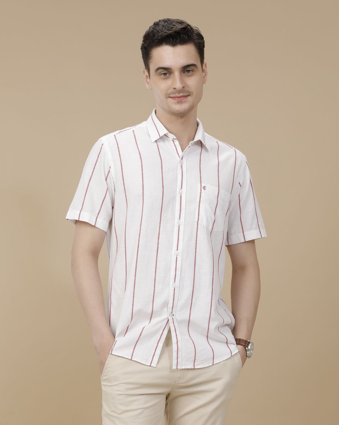 CAVALLO by Linen Club Men's Blended Linen White Striped Contemporary Fit Half Sleeve Casual Shirt