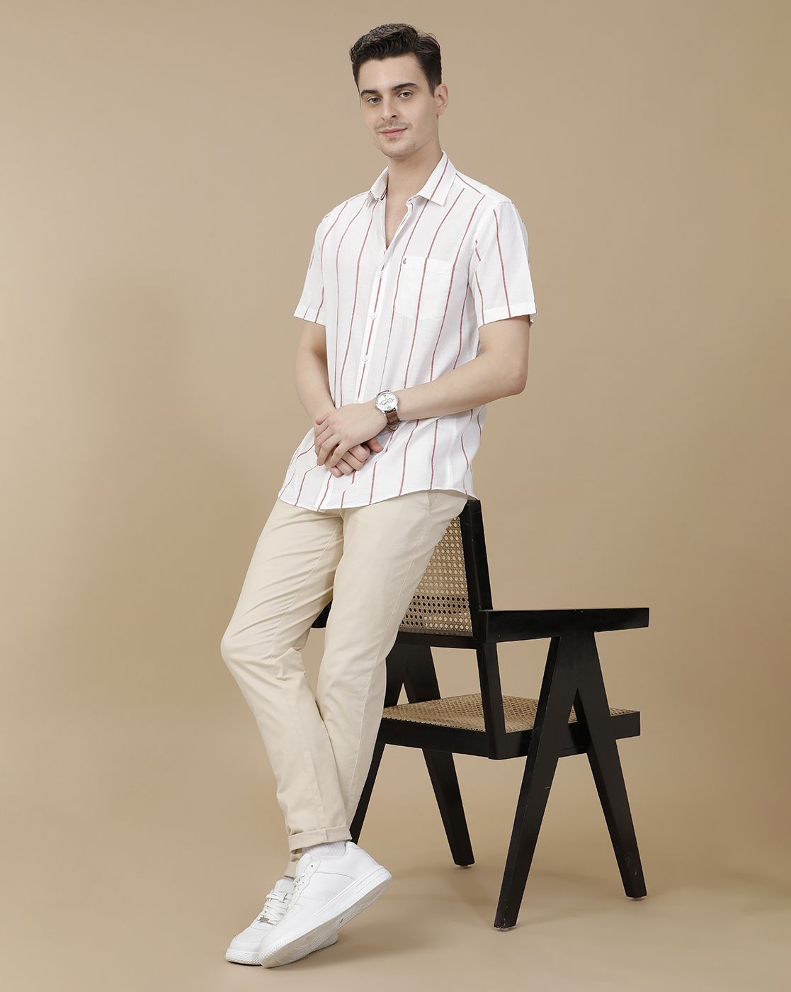 CAVALLO by Linen Club Men's Blended Linen White Striped Contemporary Fit Half Sleeve Casual Shirt