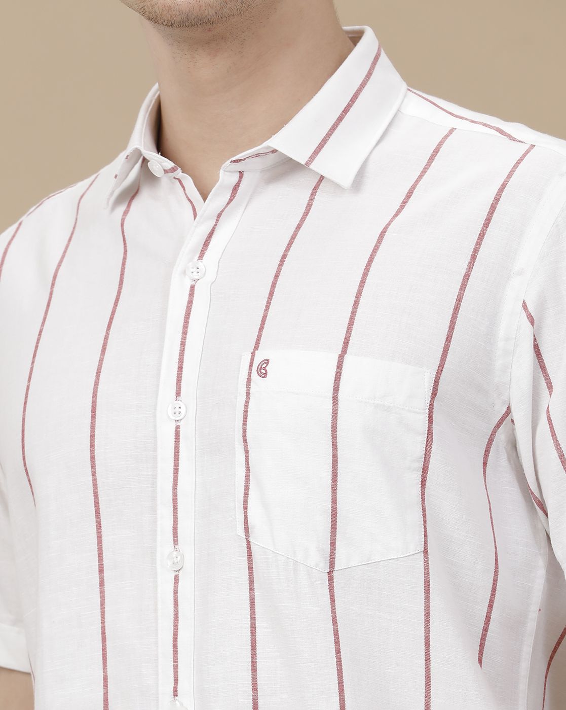 CAVALLO by Linen Club Men's Blended Linen White Striped Contemporary Fit Half Sleeve Casual Shirt