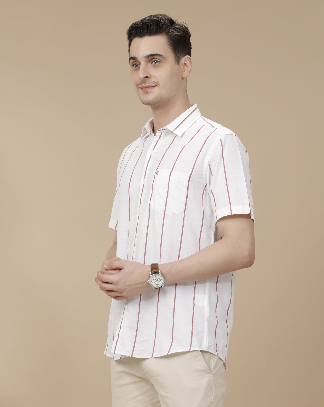CAVALLO by Linen Club Men's Blended Linen White Striped Contemporary Fit Half Sleeve Casual Shirt
