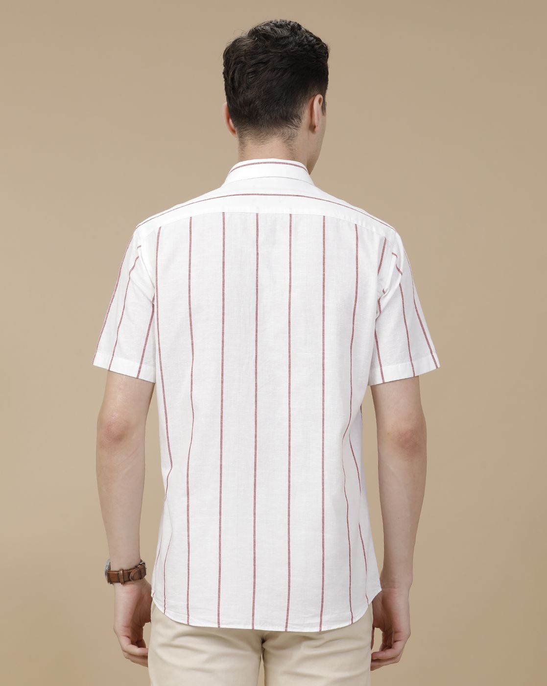 CAVALLO by Linen Club Men's Blended Linen White Striped Contemporary Fit Half Sleeve Casual Shirt