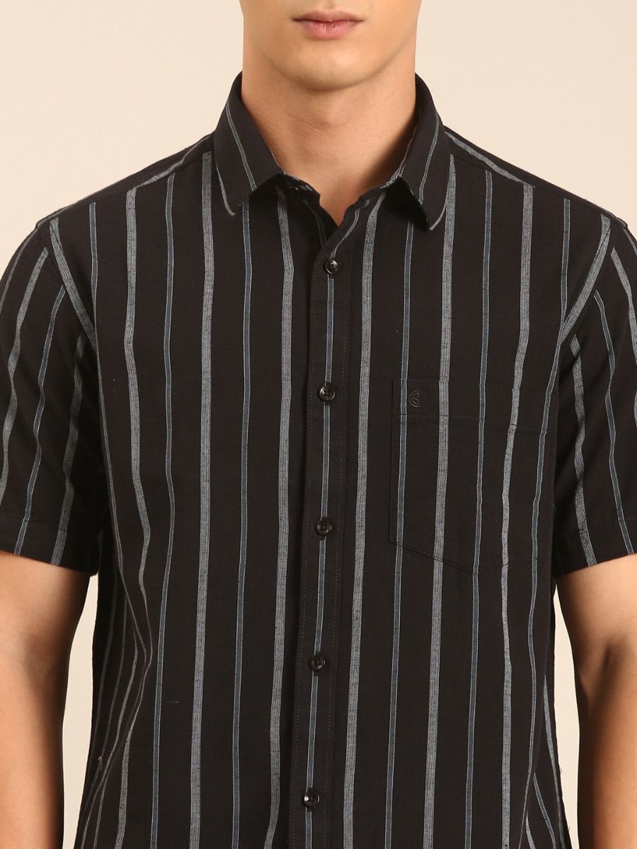 CAVALLO by Linen Club Men's Blended Linen Black Striped Contemporary Fit Half Sleeve Casual Shirt
