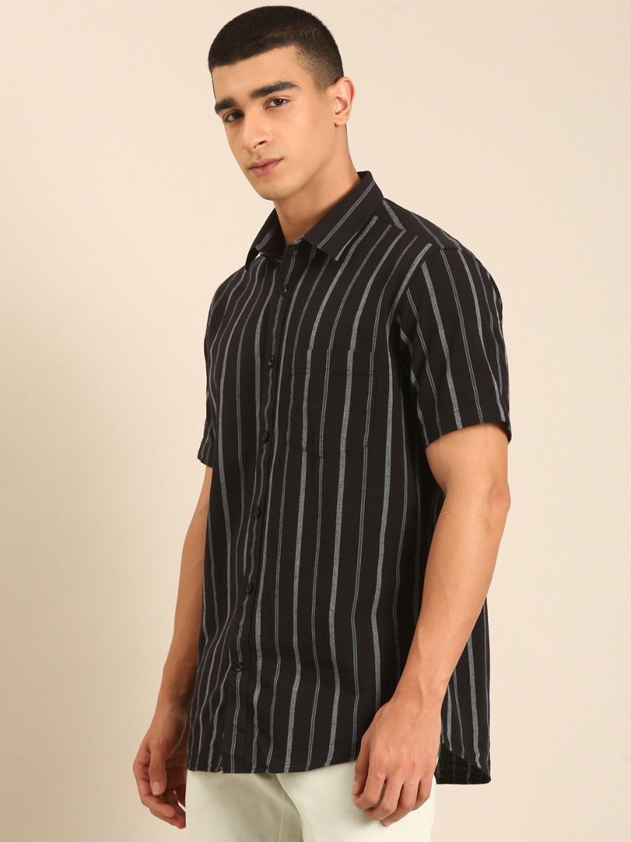 CAVALLO by Linen Club Men's Blended Linen Black Striped Contemporary Fit Half Sleeve Casual Shirt