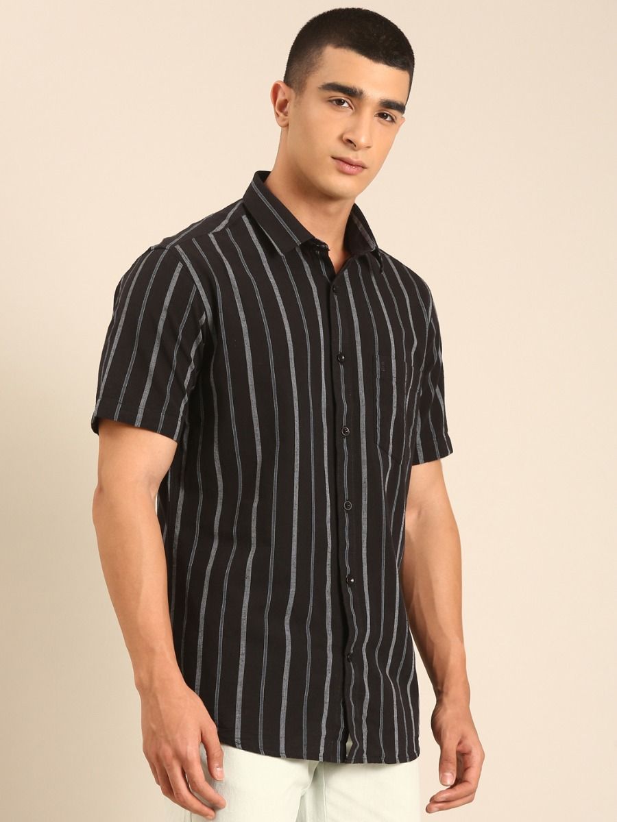 CAVALLO by Linen Club Men's Blended Linen Black Striped Contemporary Fit Half Sleeve Casual Shirt