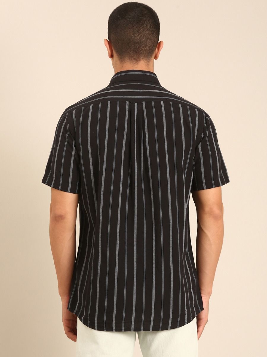 CAVALLO by Linen Club Men's Blended Linen Black Striped Contemporary Fit Half Sleeve Casual Shirt