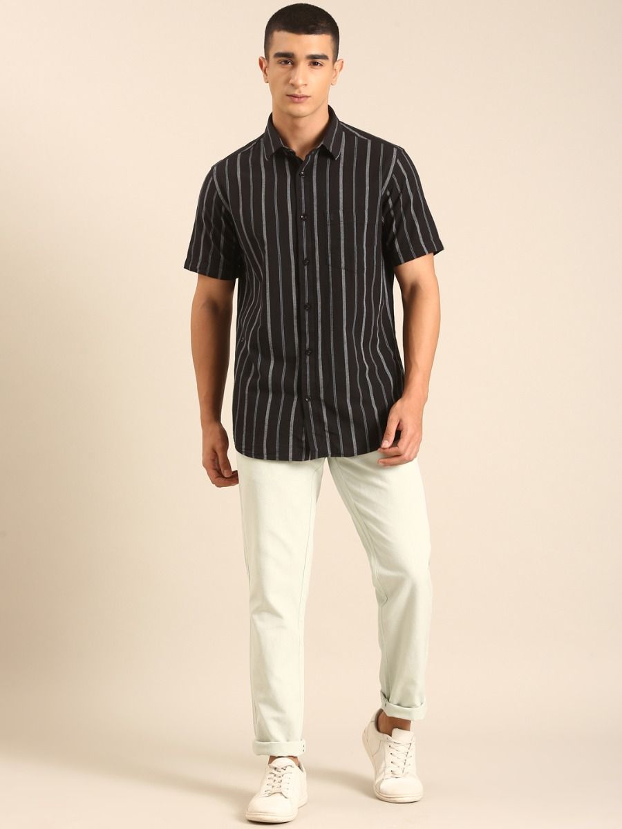 CAVALLO by Linen Club Men's Blended Linen Black Striped Contemporary Fit Half Sleeve Casual Shirt