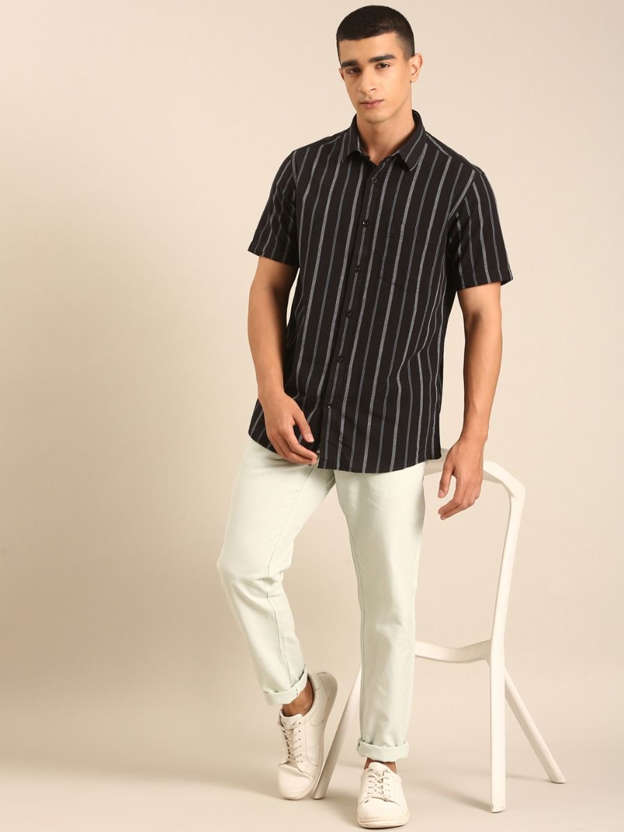 CAVALLO by Linen Club Men's Blended Linen Black Striped Contemporary Fit Half Sleeve Casual Shirt