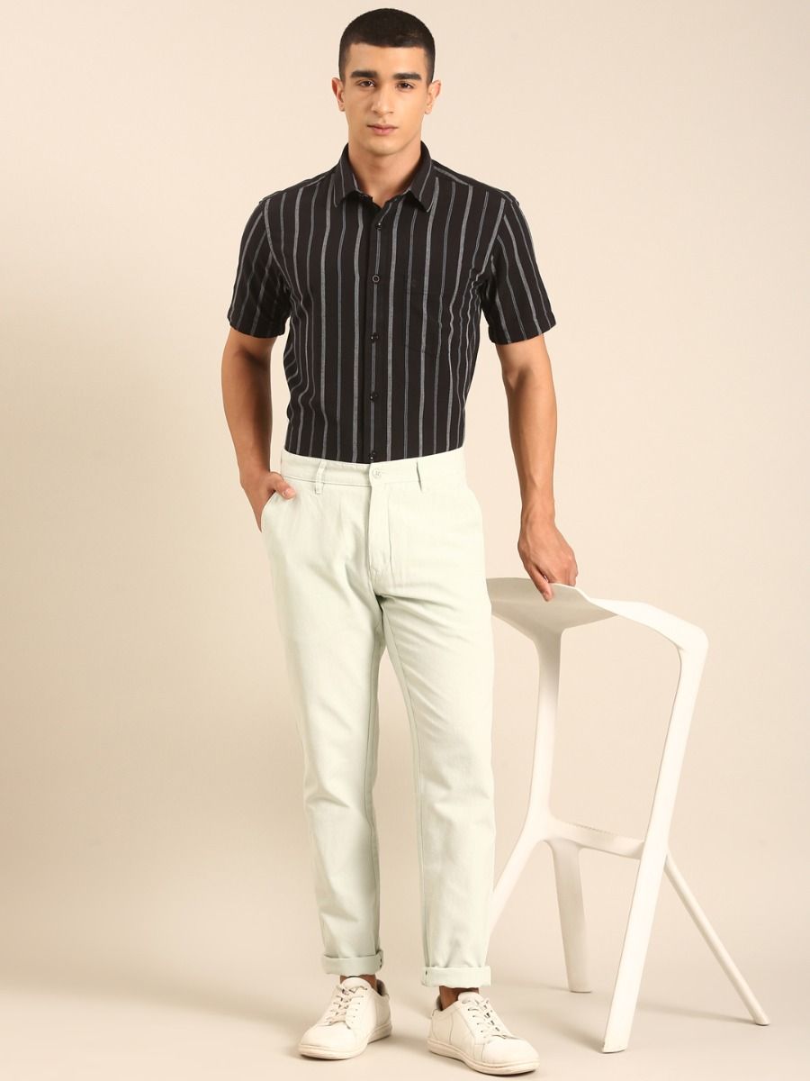 CAVALLO by Linen Club Men's Blended Linen Black Striped Contemporary Fit Half Sleeve Casual Shirt