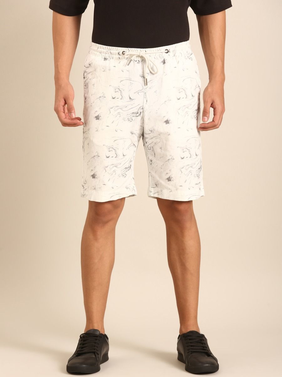 CAVALLO by Linen Club Men's Blended Linen Off White Printed Contemporary Fit Casual Shorts CAVALLO by Linen Club Men's Blended Linen Off White Printed Contemporary Fit Casual Shorts