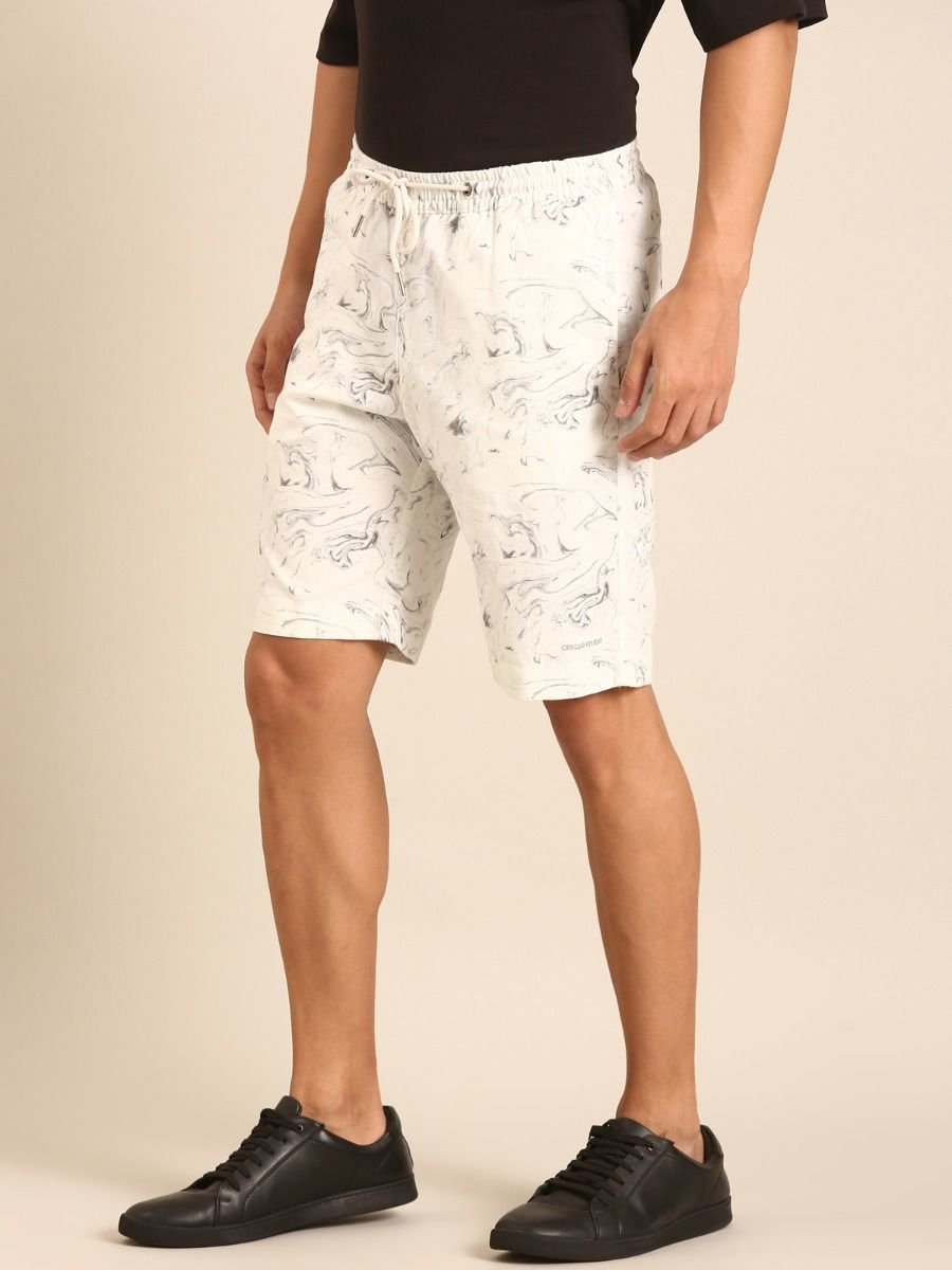 CAVALLO by Linen Club Men's Blended Linen Off White Printed Contemporary Fit Casual Shorts CAVALLO by Linen Club Men's Blended Linen Off White Printed Contemporary Fit Casual Shorts
