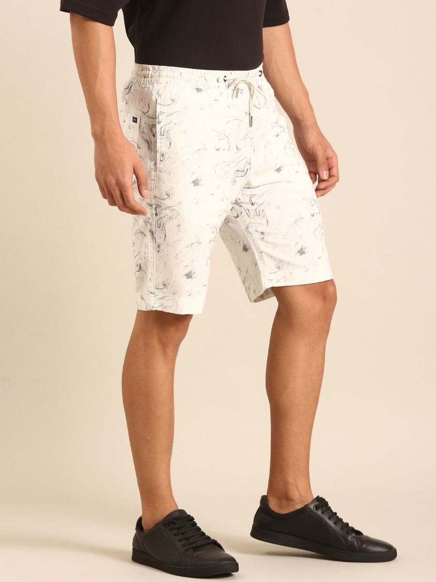 CAVALLO by Linen Club Men's Blended Linen Off White Printed Contemporary Fit Casual Shorts CAVALLO by Linen Club Men's Blended Linen Off White Printed Contemporary Fit Casual Shorts