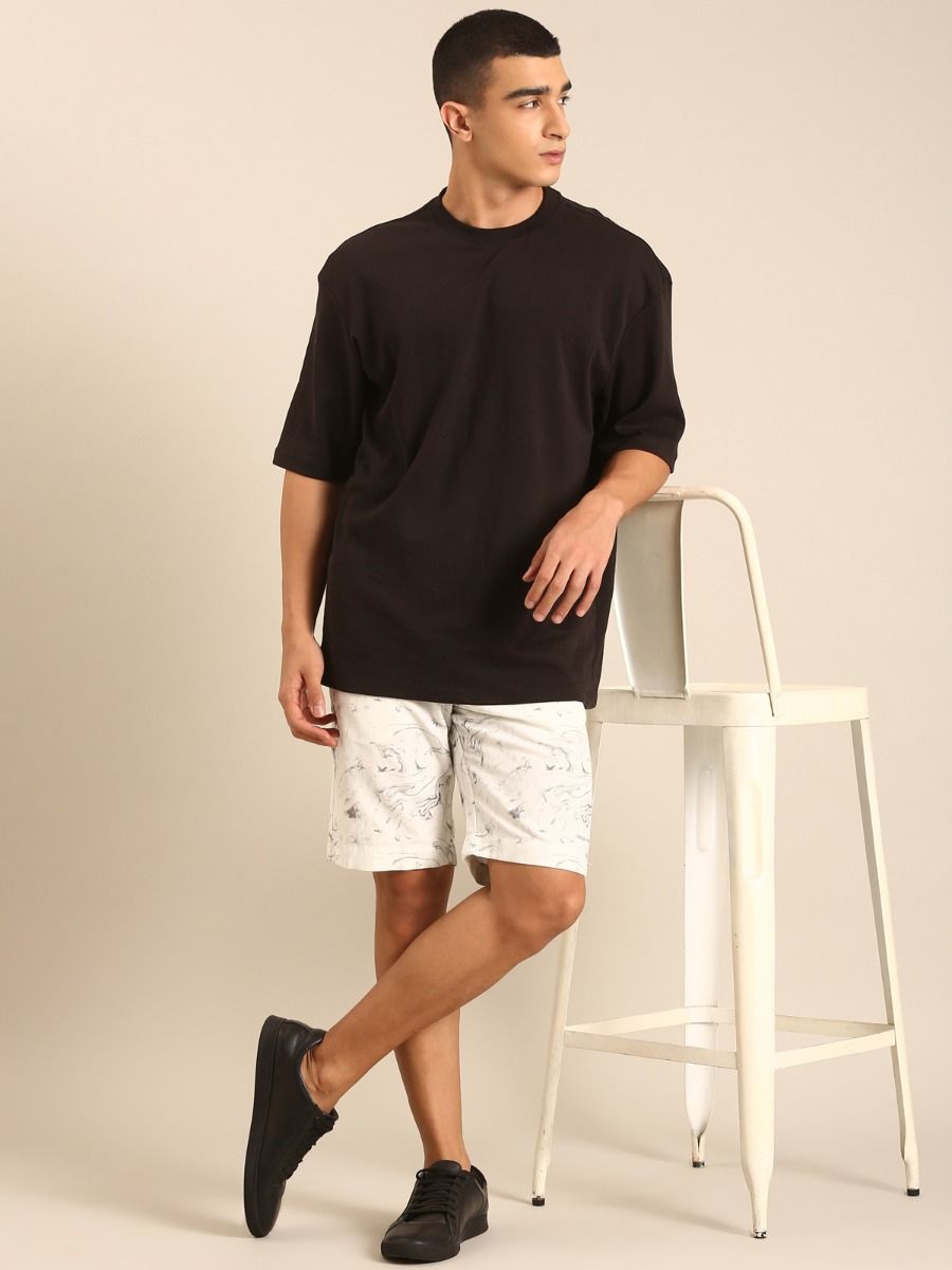 CAVALLO by Linen Club Men's Blended Linen Off White Printed Contemporary Fit Casual Shorts CAVALLO by Linen Club Men's Blended Linen Off White Printed Contemporary Fit Casual Shorts