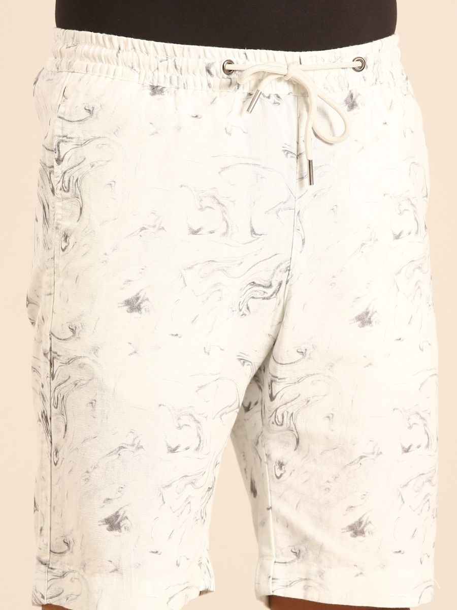 CAVALLO by Linen Club Men's Blended Linen Off White Printed Contemporary Fit Casual Shorts CAVALLO by Linen Club Men's Blended Linen Off White Printed Contemporary Fit Casual Shorts