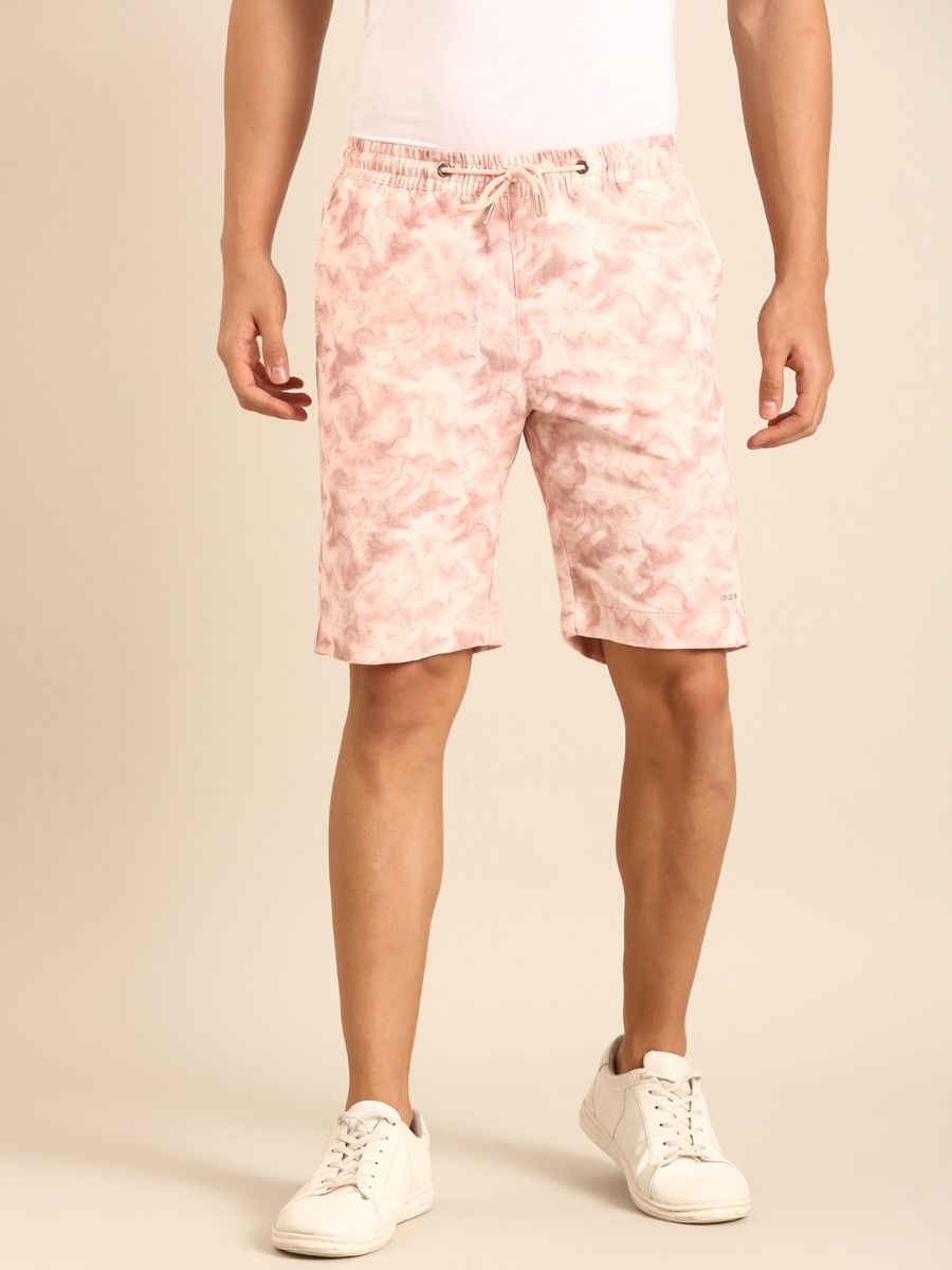CAVALLO by Linen Club Men's Blended Linen Pink Printed Contemporary Fit Casual Shorts CAVALLO by Linen Club Men's Blended Linen Pink Printed Contemporary Fit Casual Shorts