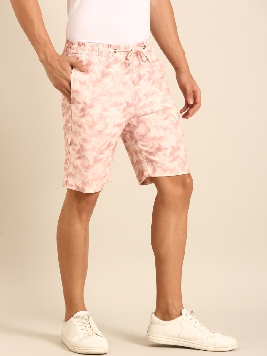 CAVALLO by Linen Club Men's Blended Linen Pink Printed Contemporary Fit Casual Shorts CAVALLO by Linen Club Men's Blended Linen Pink Printed Contemporary Fit Casual Shorts