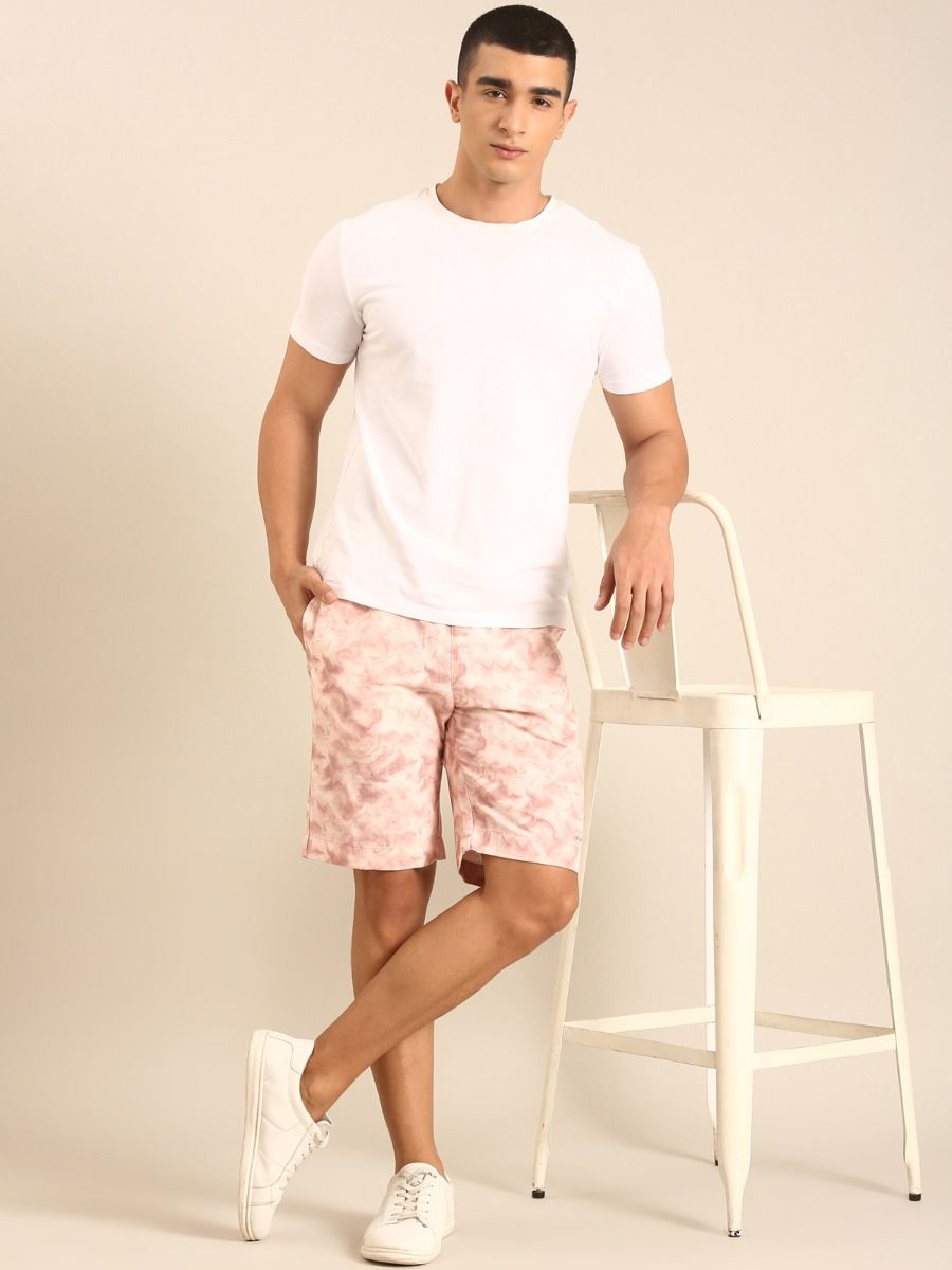 CAVALLO by Linen Club Men's Blended Linen Pink Printed Contemporary Fit Casual Shorts CAVALLO by Linen Club Men's Blended Linen Pink Printed Contemporary Fit Casual Shorts