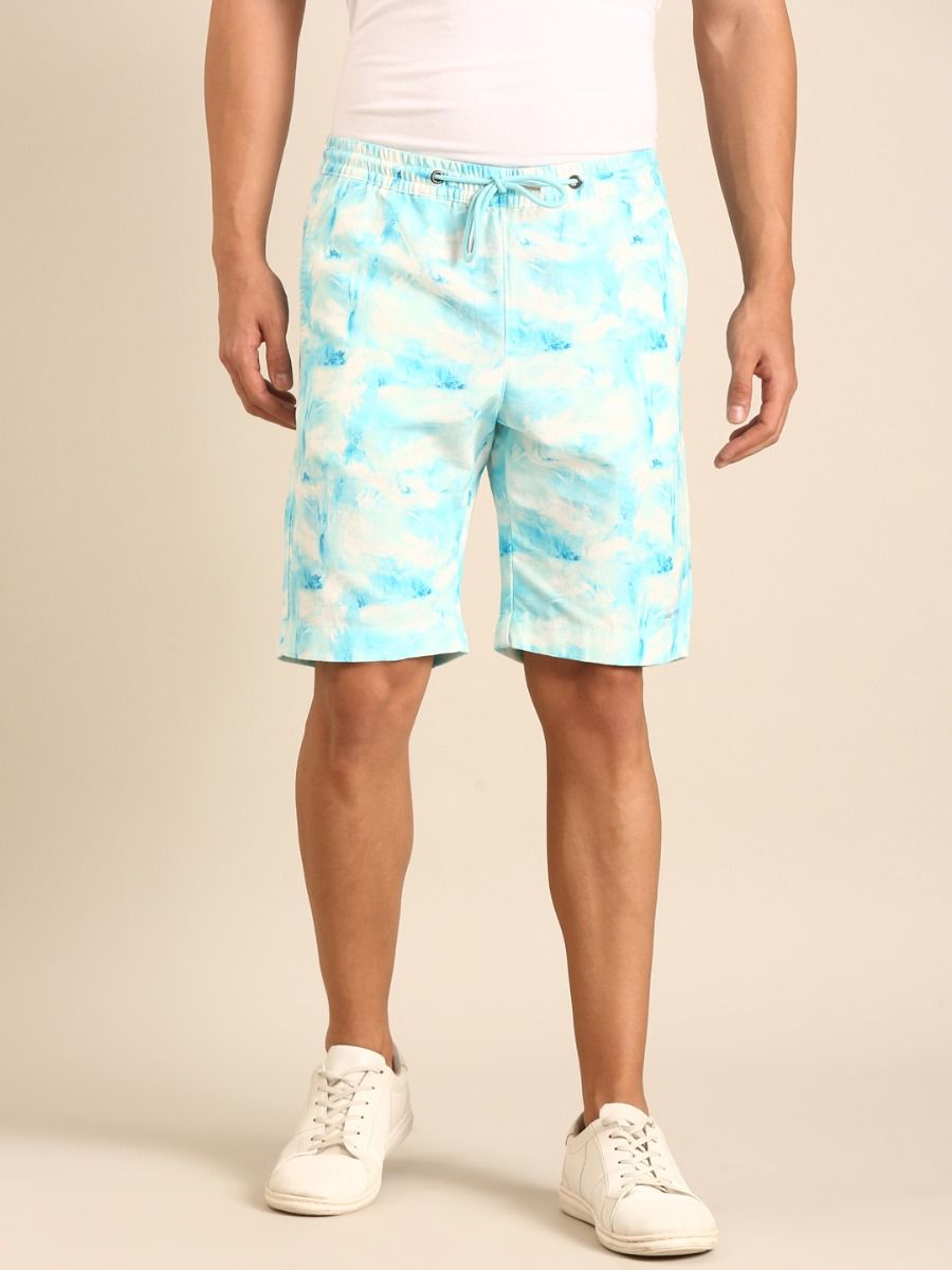 CAVALLO by Linen Club Men's Blended Linen Light Blue Printed Contemporary Fit Casual Shorts CAVALLO by Linen Club Men's Blended Linen Light Blue Printed Contemporary Fit Casual Shorts