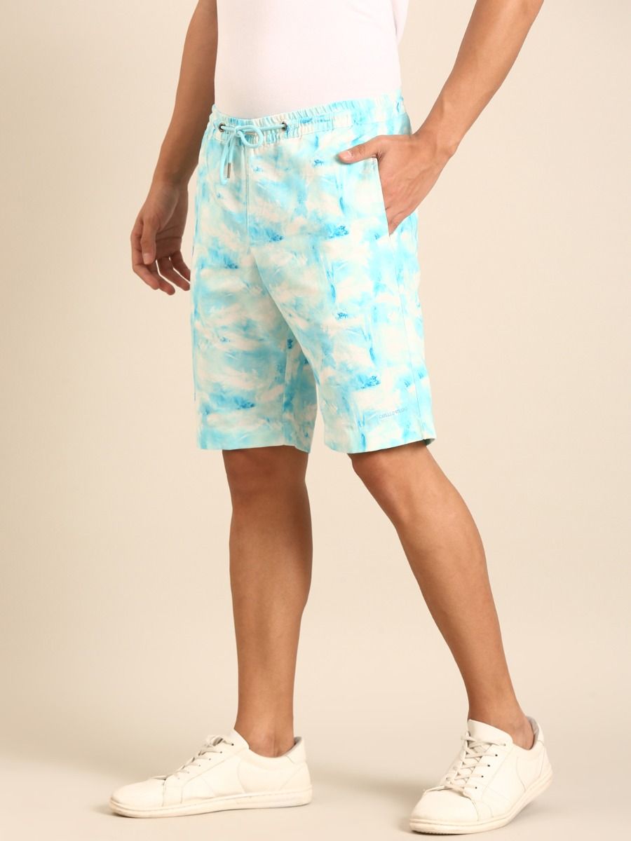 CAVALLO by Linen Club Men's Blended Linen Light Blue Printed Contemporary Fit Casual Shorts CAVALLO by Linen Club Men's Blended Linen Light Blue Printed Contemporary Fit Casual Shorts