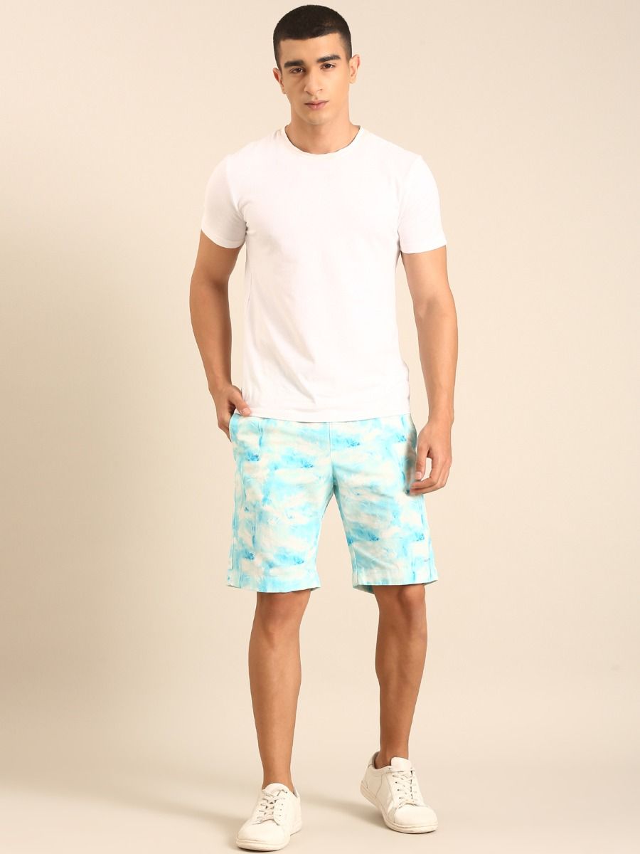 CAVALLO by Linen Club Men's Blended Linen Light Blue Printed Contemporary Fit Casual Shorts CAVALLO by Linen Club Men's Blended Linen Light Blue Printed Contemporary Fit Casual Shorts