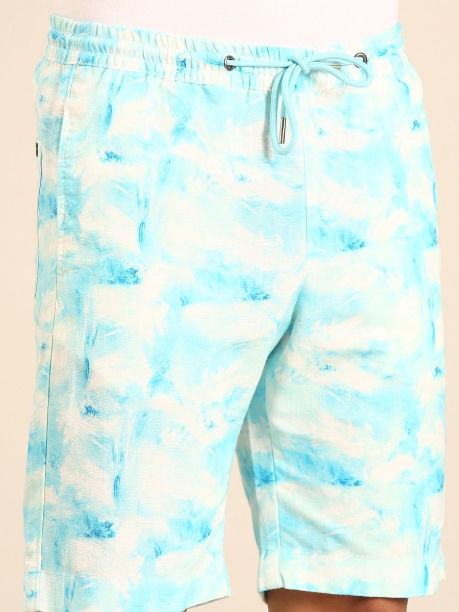 CAVALLO by Linen Club Men's Blended Linen Light Blue Printed Contemporary Fit Casual Shorts CAVALLO by Linen Club Men's Blended Linen Light Blue Printed Contemporary Fit Casual Shorts