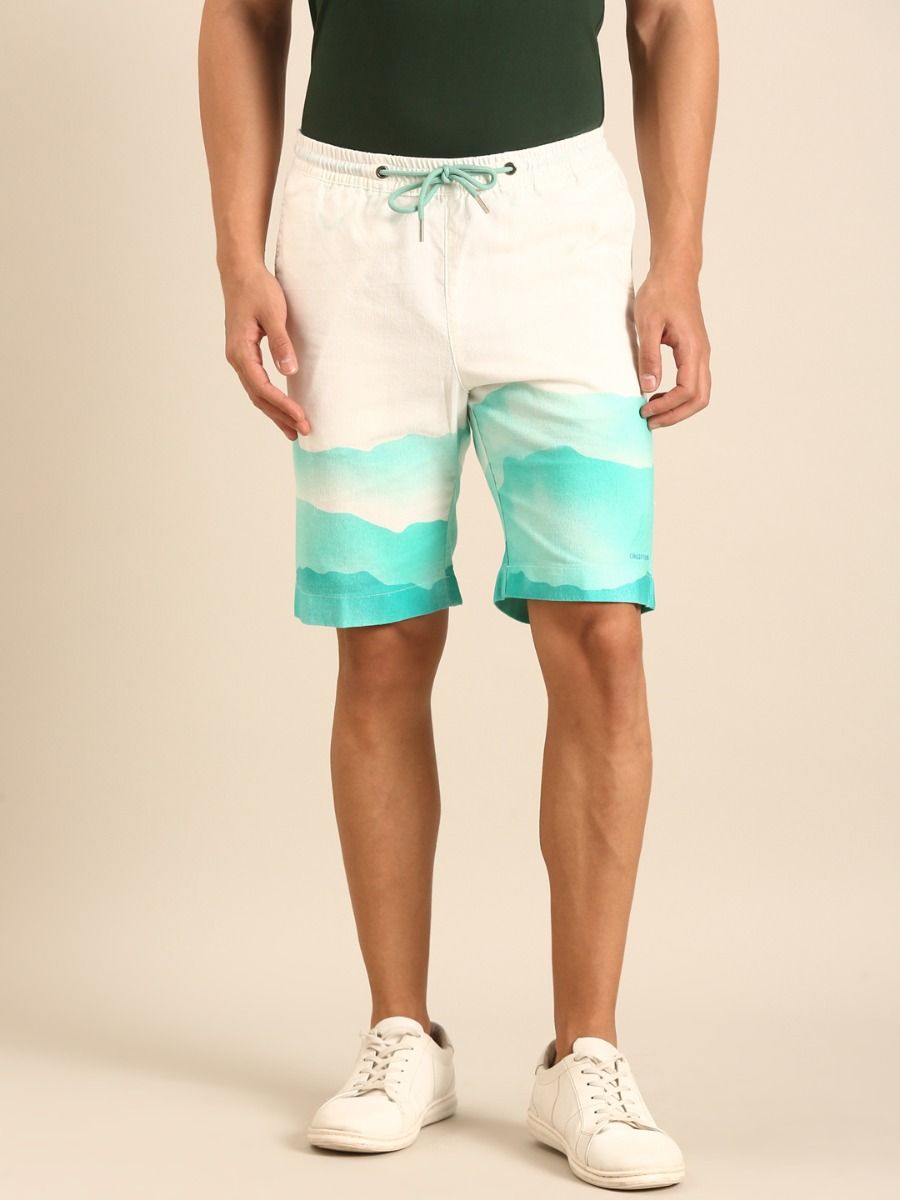 CAVALLO by Linen Club Men's Blended Linen Off White Printed Contemporary Fit Casual Shorts CAVALLO by Linen Club Men's Blended Linen Off White Printed Contemporary Fit Casual Shorts