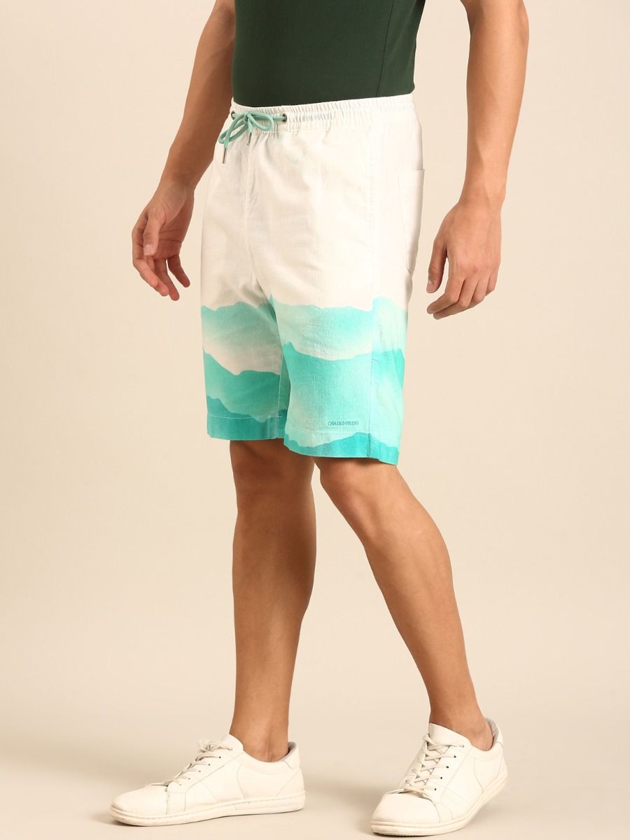 CAVALLO by Linen Club Men's Blended Linen Off White Printed Contemporary Fit Casual Shorts CAVALLO by Linen Club Men's Blended Linen Off White Printed Contemporary Fit Casual Shorts