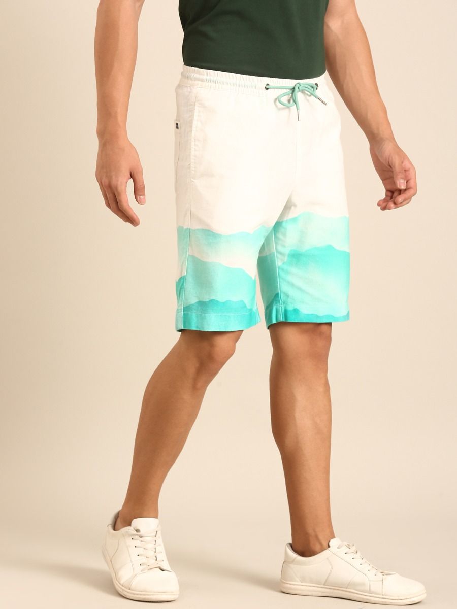CAVALLO by Linen Club Men's Blended Linen Off White Printed Contemporary Fit Casual Shorts CAVALLO by Linen Club Men's Blended Linen Off White Printed Contemporary Fit Casual Shorts