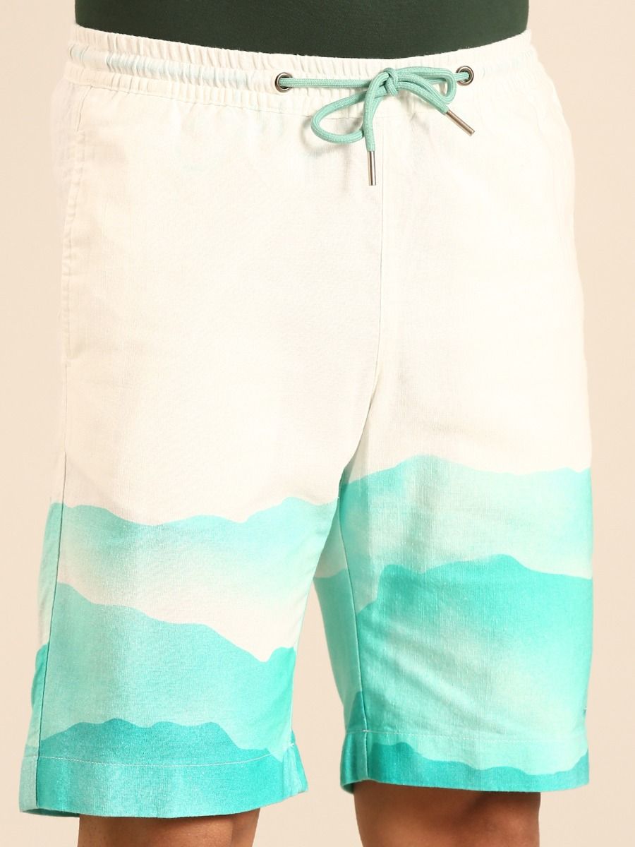 CAVALLO by Linen Club Men's Blended Linen Off White Printed Contemporary Fit Casual Shorts CAVALLO by Linen Club Men's Blended Linen Off White Printed Contemporary Fit Casual Shorts