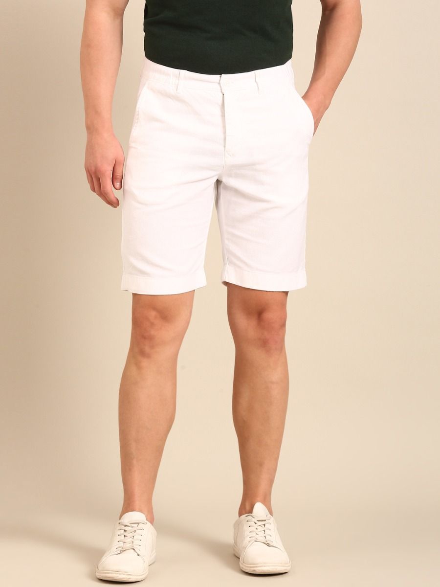 CAVALLO By Linen Club Men's Blended Linen White Solid Contemporary Fit Shorts