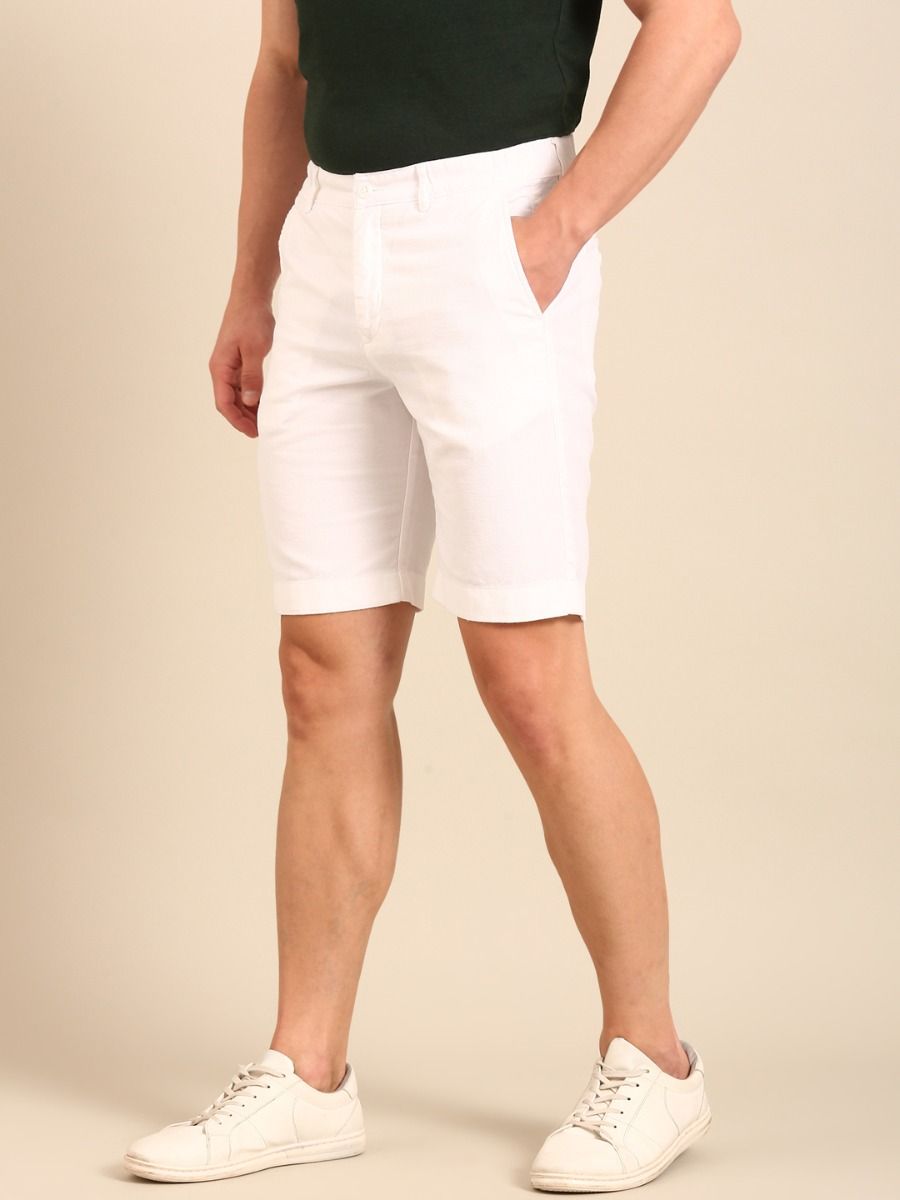 CAVALLO By Linen Club Men's Blended Linen White Solid Contemporary Fit Shorts